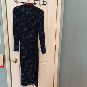 Kobi Halperin Black and Blue Floral Long Sleeve Midi Dress